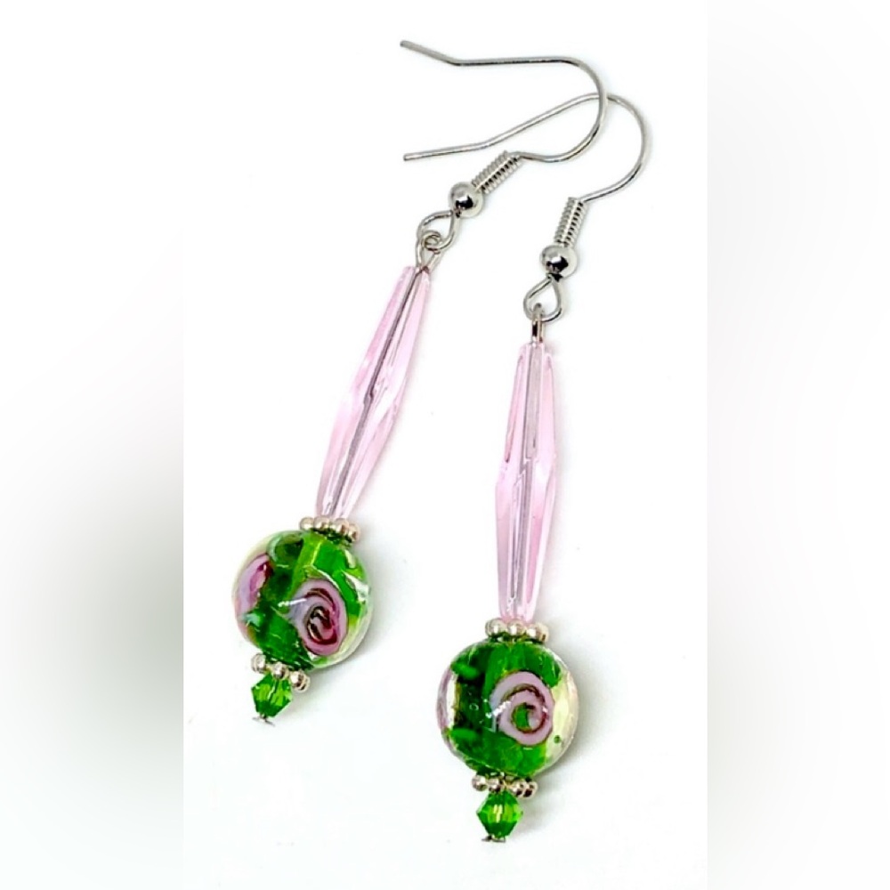 Green Pink Rose Flower Lampwork Glass and Crystal Dangle Earrings Floral Spring